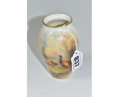 A JAMES STINTON FOR ROYAL WORCESTER 'PHEASANT' VASE with a gilt rim, hand painted scene depicting a male and female pheasant 
