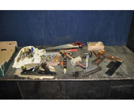 A TRAY CONTAINING CARPENTRY TOOLS including a Stanley No.5 plane, a Marples Mortice gauge in original box, hand brace, hand d