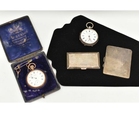 TWO SILVER CIGARETTE CASES AND TWO POCKET WATCHES, two silver cigarettes cases with engine turned pattern detail, both hallma