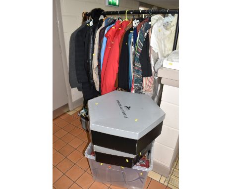 A SMALL QUANTITY OF LADIES' AND GENT'S CLOTHING ETC, to include a raw silk ivory coloured wedding dress circa 1990s, size pos