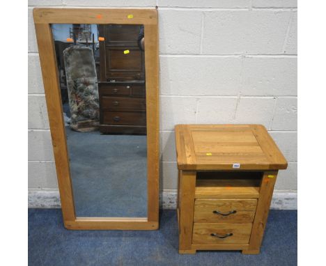 A MODERN LIGHT OAK TWO DRAWER CABINET, width 52cm x depth 40cm x height 68cm, along with a rectangular oak frame mirror, cond