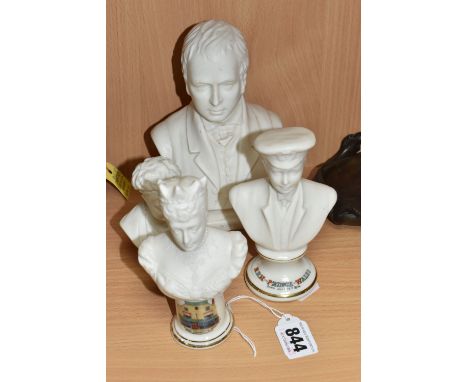 FOUR PARIAN BUSTS OF BRITISH HISTORICAL FIGURES to include a 'Walter Scott' bust with a stamped Goss mark to the reverse, hei