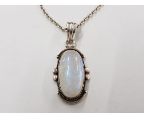 SILVER LARGE OVAL WHITE STONE PENDANT WITH CHAIN 15.6G