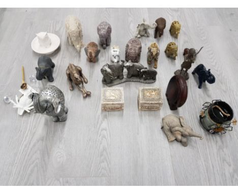 COLLECTION OF ELEPHANTS AND ORIENTAL CARVED TRINKET BONE BOXES