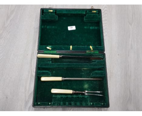 ANTIQUE CUTLERY CASE FOR 6 PLACE SETTINGS EMPTY EXCEPT FOR 2 SILVER PLATED KNIFE RESTS AND STEEL CARVING SET