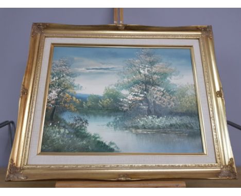 OIL PAINTING BY D PALMER OF A LAKE SCENE