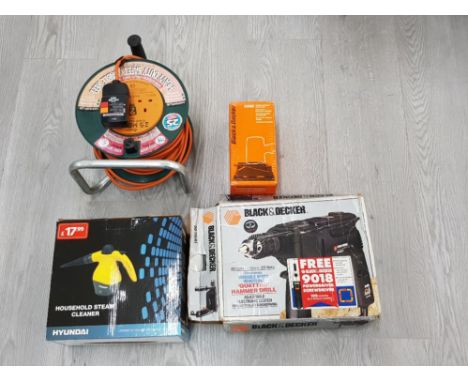 A BLACK AND DECKER QUATTRO HAMMER DRILL AND A FINISHING SANDER ATTACHMENT A HYUNDAI HOUSEHOLD STEAM CLEANER AND AN EXTENSION 