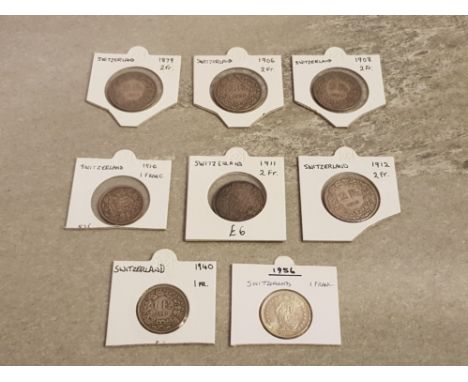 COINS SWITZERLAND X8 SILVER COMPRISING 1 FRANC 1910 1940 1956 AND 2 FRANCS 1879 1906 1908 1911 AND 1912