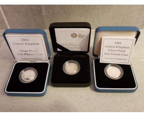 UK ROYAL MINT £1 SILVER PROOF COINS 1995 2004 AND 2008 ALL IN ORIGINAL CASES