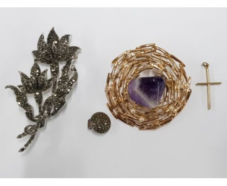 A MARCASITE FLORAL PATTERN BROOCH A MARCASITE SILVER CLIP ON EARRING AN AMETHYST AND GILT METAL NEST PATTERN BROOCH AND A GIL