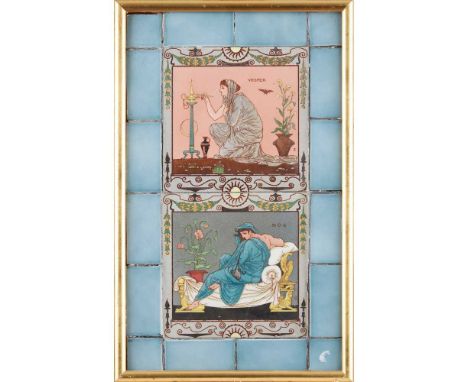 printed and painted ceramic, depicting the four Seasons and four times of day, tile border, printed WC, later frames30cm (11 