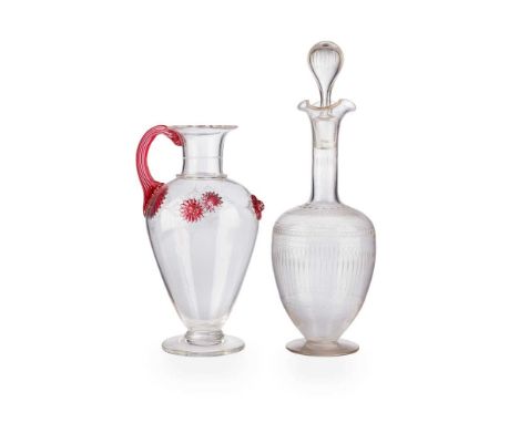 glass, etched decoration, 34.5cm (13 5/8in) high; together with a PITCHER, glass, etched, and applied bosses, registration ma