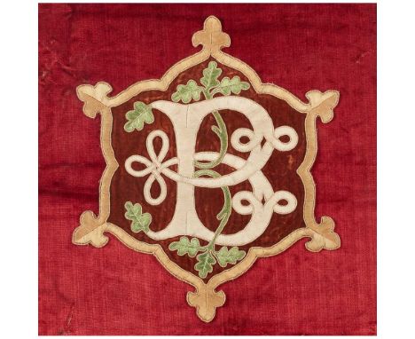 embroidered silk threads, reserved on velvet ground, later gilt frame46cm (18 1/8in) sq.Footnote: Note:The 'B' stands for the