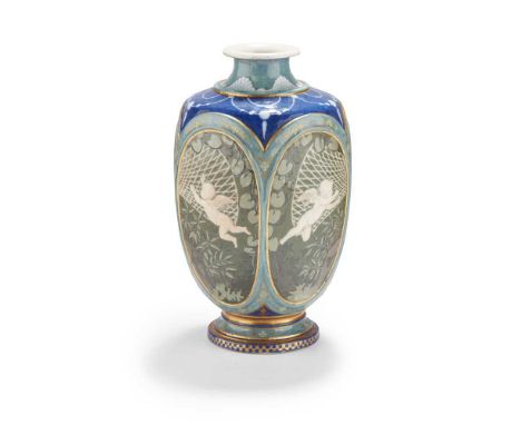 porcelain, pâte-sur-pâte and gilt decorated, painted Rousseau rue Coquilliere 41, pâte-sur-pâte ‘Miles’ 21.5cm (8 1/2in) high
