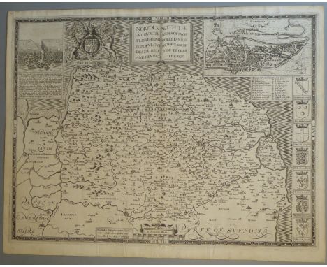 A C17th Black &amp; White copper engraved map of Norfolk by John Speed, c1612, 45.5cmX57.5cm Condition good, light discoloura