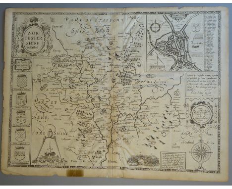 A C17th Black &amp; White copper engraved map of Worcestershire by John Speed, c1627, 45cmX58.5cm Condition fair, repair to t