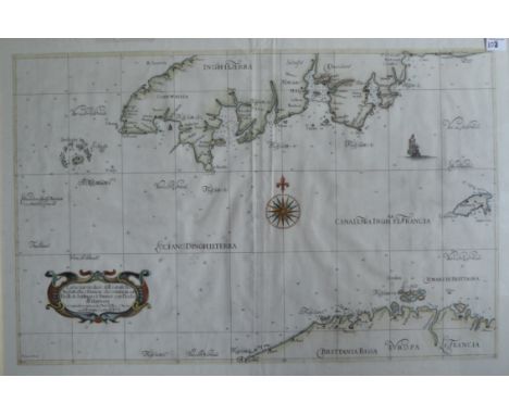 A C17th hand coloured copper engraved map of The English Channel from South coast of Devonshire and Cornwall including the so