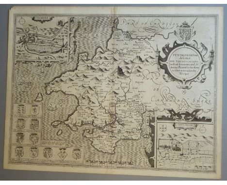 A C17th Black &amp; White copper engraved map of Pembrokeshire by John Speed, c1612, 45.5cmX57.5cm Condition good, light disc