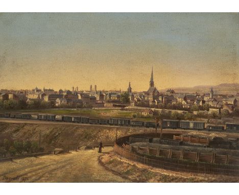 Landschaften - Tschechien - - Ernst Gustav Doerell.  (1832 Freiberg - 1877 Aussig). Ansicht von Pilsen. 1875. Öl auf Holzplat