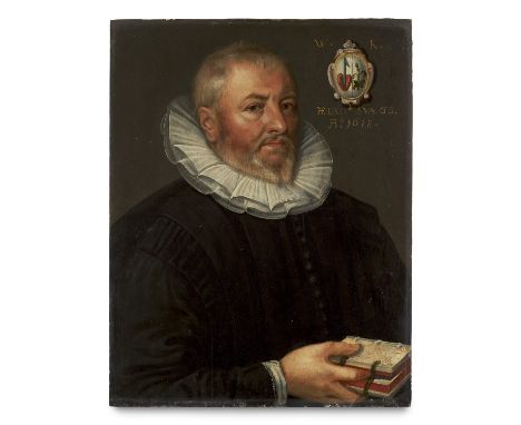 Alte Kunst - Gemälde - - Portrait eines Gelehrten. 1. Hälfte 17. Jh. Öl auf Holz. 37 x 29 cm. Im goldfarbenem Rahmen mit flor