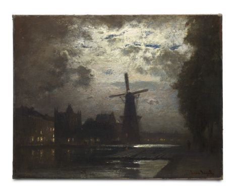 Deutschland - Berlin - - Louis Douzette.  (1824 Tribsees - 1924 Barth). Stadtansicht im Mondschein. 1918. Öl auf Leinwand. 56