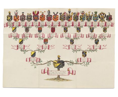 Genealogie und Heraldik - - Stammbaum der Reichsfreiherren zu Blittersdorff-Waldsteg. Original-Zeichnung mit 31 handgemalten 
