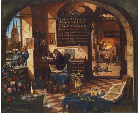 Genre - - Carl Brückner('alias Curt Echtermeyer').  (1869 Chile - 1971 Spanien). Der Apotheker. 1969. Öl auf Leinwand. 50,5 x
