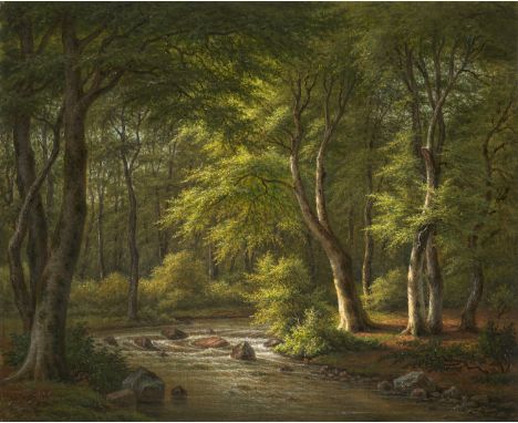 Dänemark - - Frederik Christian Ki�rskou.  (1805 Kopengahen - 1891 ebd.). Wasserlauf unter Eichendach in Dänemark. 1887. Öl a