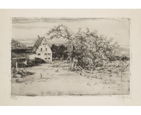 12 Graphiken verschiedener Künstler mit überwiegend landschaftlichen Motiven. 19.-20. Jh. Mit Radierungen und Holzschnitten s