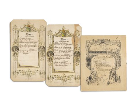 Sachsen - - Sammlung von 3 lithogr. illustr. Speisekarten von Diners im Königshaus Sachsen. Davon 2 getönt u. mit kol. Wappen
