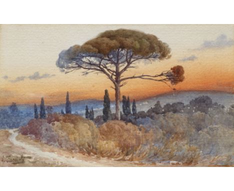 Italien - - Gaetano Facciola.  (1868 - 1949). Italienische Landschaft im Abendlicht. Um 1900. Aquarelle auf strukturiertem Pa