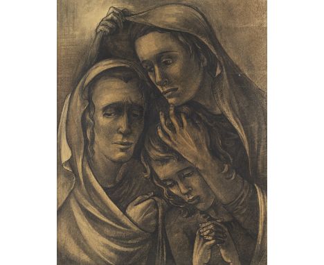Klassische Kunst - - Ursula Benser.  (1915 Düsseldorf - 2001 Domburg, Niederlande). Flüchtlingsgruppe. 1944. Kohlezeichnung a