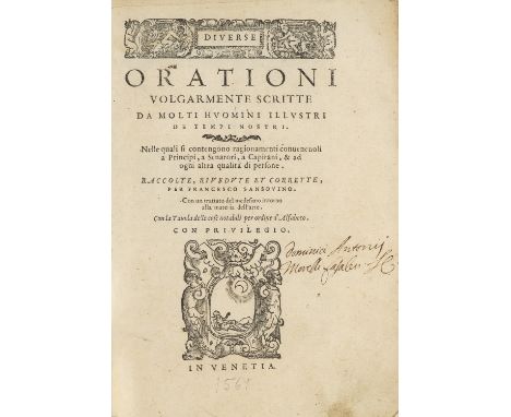 Francesco Sansovino. Diverse orationi volgarmente scritte da molti huomini illustri de tempi nostri. 3 Tle. in 1 Bd. Mit Holz