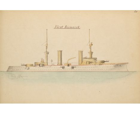 Marine - - Deutschlands Kriegsschiffe. Manuskript mit handgez. Titelbl. u. 19 aquarellierten Federzeichnungen von Schiffen. 1