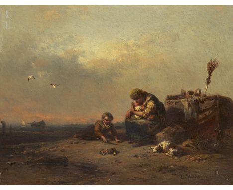 Genre - - Eduard Hildebrandt.  (1818 Danzig - 1868 Berlin). Schiffsbrüchige Familie am Strand. 1854. Öl auf Leinwand. 26 x 33
