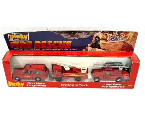 Dinky a boxed 304 Fire Rescue Set with Fire Chief's Range Rover, Fire Rescue Truck, Land Rover Fire Appliance. Conditions app