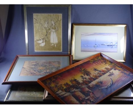 HILARY BISCAL print - 'The Goose Girl', signed in pencil, 42 x 32cms and other paintings/prints
