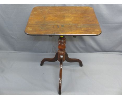 GEORGIAN MAHOGANY TILT TOP TRIPOD TABLE, rectangular top on a turned column base, 75cms H, 67 x 60.5cms top