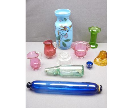 CRANBERRY GLASSWARE, a milk glass vase and a glass rolling pin ETC