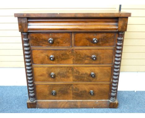 VICTORIAN MAHOGANY CHEST of two short over three long drawers, having turned wooden knobs with mother of pearl button inset, 