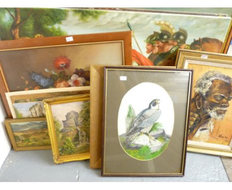 PAINTINGS &amp; PRINTS including watercolour of Peregrine Falcon, unsigned, oil on board seascape ETC