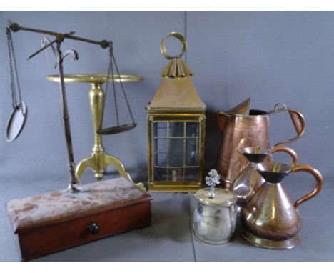 GOOD BRASS TRIPOD TRIVET STAND, copper water jugs, lantern and scales