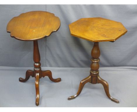 TWO VICTORIAN MAHOGANY SHAPED TOP TRIPOD TABLES, 69 and 67cms Heights