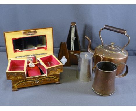 METRONOME, copperware, musical jewellery box and an electroplate coffee pot