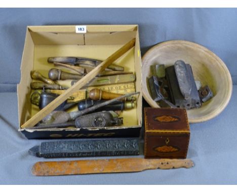 VINTAGE HAND TOOLS including oil cans, a quantity of treenware, turned bowl, page turner ETC