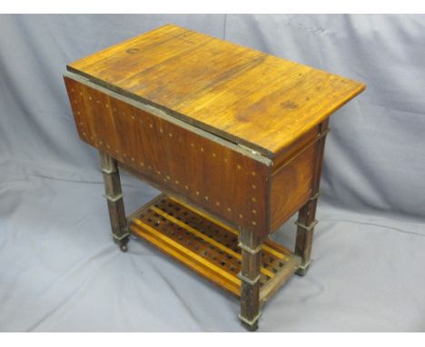 INTERESTING REGENCY MAHOGANY &amp; TEAK FASHIONED WORK TABLE with lift-up rear leaf over twin slim frieze drawers, lower deep