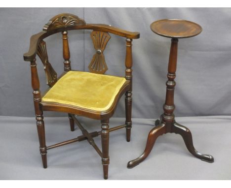 EDWARDIAN MAHOGANY CORNER ARMCHAIR and a turned column circular top torchere on tripod feet, various measurements