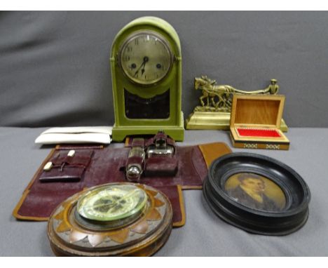 PAINTED MANTEL CLOCK, barometer, brass horse and plough ETC