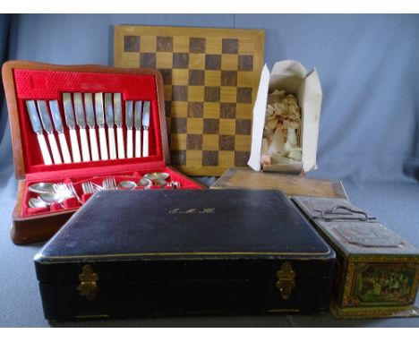 WOODEN CHESS BOARD WITH MINERAL PIECES, a part canteen of cutlery, vintage tin tea caddy ETC 
