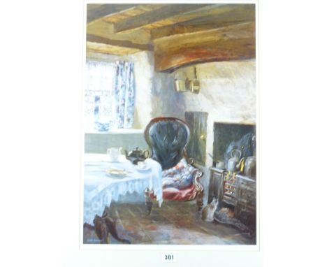 KEITH ANDREW coloured limited edition print (628/750) - old cottage interior scene with cat seated in front of the cooking ra
